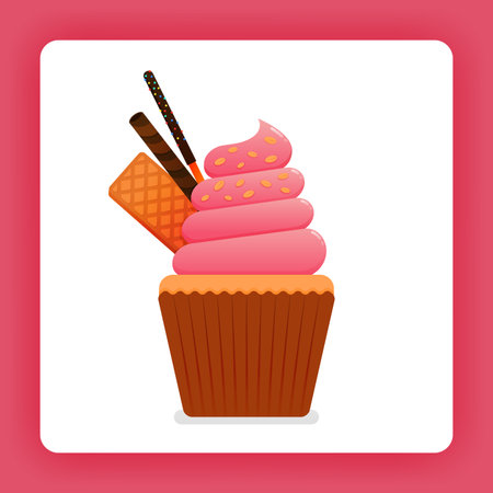 Illustration of cupcake with strawberry soft cream with waffle, chocolate sticks and twist wafer chocolate topping. Design can be for books, flyer, poster, website, web, apps, landing page, cookbookのイラスト素材