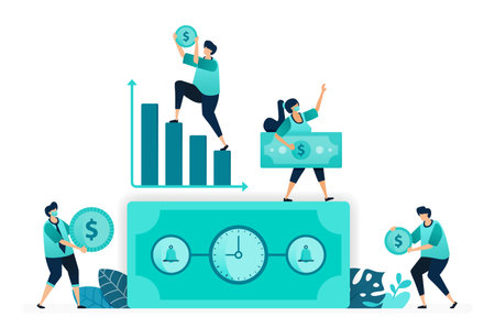 vector illustration of Time is money with clock. bell on dollar bill. increasing chart, working time, income. women and men workers. designed for website, web, landing page, apps, ui ux, poster, flyerのイラスト素材