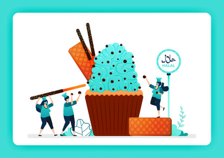 Food illustration of cook halal sweet cupcakes. Muffins topping with cream, waffle, chocolate chip, biscuit. Design can use for website, web, landing page, banner, mobile apps, ui ux, poster, flyerのイラスト素材