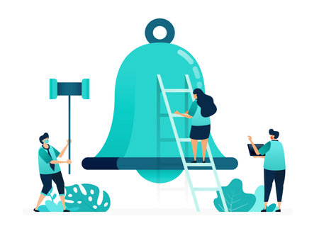 vector illustration of alarm bells for notifications and apps. holding a hammer to hit the bells. group of women and men workers. designed for website, web, landing page, apps, ui ux, poster, flyerのイラスト素材