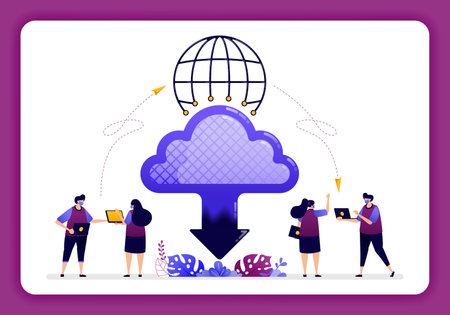 cloud data center illustration. Global access to cloud technology for sharing and sending files on internet network.のイラスト素材