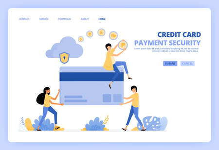 People holding giant plastic credit cards. Make transactions, purchases, transfer safely on cloud network. Can be use for landing page template ui ux web mobile app poster banner website flyer adsのイラスト素材