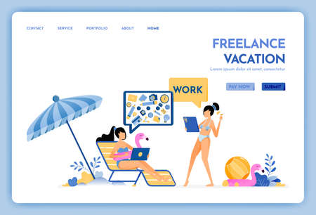 travel website with the theme of freelancer vacation. keep working with internet access service at holiday. Vector design can be used for poster, banner, ads, website, web, mobile, marketing, flyerのイラスト素材
