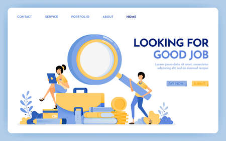 Illustration of apply for job. Jobseeker holds a magnifying glass to find work. Young women sit on briefcases stacks of stationery. Design concept for banner, landing page, web, website, poster, ui uxのイラスト素材