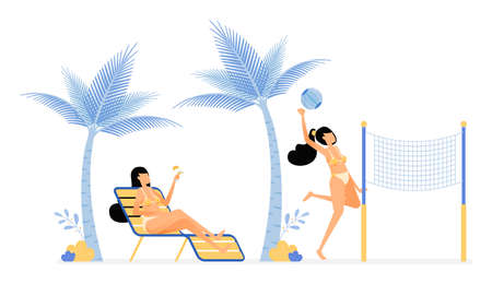 happy vacation illustration of women relax enjoy holiday on beach by lying under coconut trees or playing volleyball. Vector design can be used for poster, banner, ad, website, web, mobile, marketingのイラスト素材