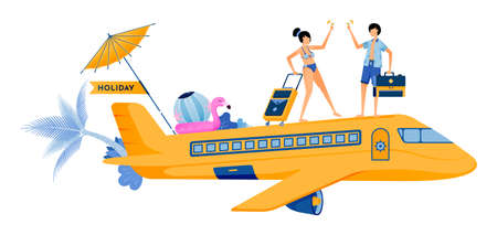 Man and woman boarding a plane for vacation to tropical island beach. Couple honeymoon period during summer vacation. Illustration can be used for landing page, banner, website, web, poster, brochureのイラスト素材