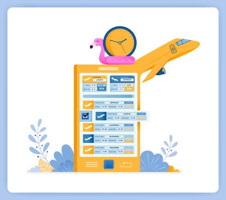 vector illustration of schedule for purchasing flight tickets with travel agency apps. Vector illustration set isolated on white background and can be for landing pages, websites, posters, mobile appsのイラスト素材