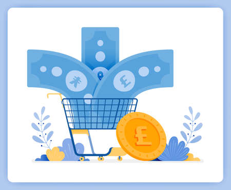 vector illustration of foreign banknote currency enter shopping cart. euros not bought. Vector illustration set isolated on white background and can used for landing page, website, poster, mobile appsのイラスト素材
