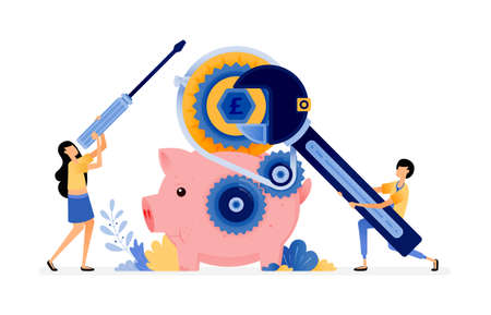 Vector Design Of The Piggy Bank Under Repair. People Want To Save Money In The Bank. Maintenance On Banking And Financial System. Illustration Can Be For Websites, Posters, Banners, Mobile Apps, Webのイラスト素材