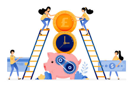Vector Design of best time to save and invest. banking financial services system for young. piggy bank for saving. illustration Can be for websites, posters, banners, mobile apps, web, social mediaのイラスト素材