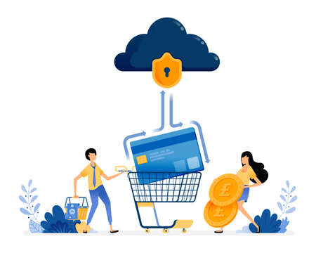 Vector Design of credit card banking security. people holding coins and shopping baskets. financial data protection. illustration Can be for websites, posters, banners, mobile apps, web, social mediaのイラスト素材
