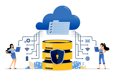 Illustration of sharing and communicating data with cloud services integrated with a secure database...