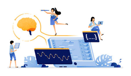 illustration of artificial intelligence technology analyzes programs by displaying statistical data from apps. Vector design for landing page, web, website, mobile apps, poster, flyer, ui uxのイラスト素材