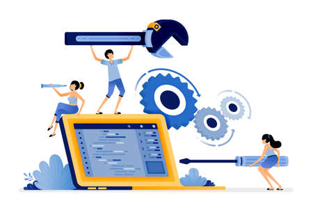 illustration of programming technology for maintain machine learning to keep apps running automatically. Vector design for landing page, web, website, mobile apps, poster, flyer, ui uxのイラスト素材