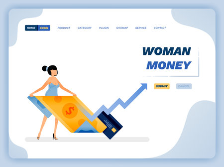 Vector illustration of woman holding money and credit card metaphor of gender equality for financial services. Design can be used for website, poster, flyer, apps, advertising, promotion, marketingのイラスト素材
