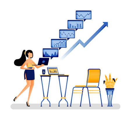vector illustration of woman worker analyzes various financial report results to career and investment decisions symbolizes women being financially independent. Designed for website, web, apps, posterのイラスト素材