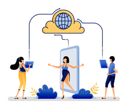 vector illustration of people access the internet with the cloud to communicate with each other. Integrated mobile apps for easy sharing and networking. Designed for website, web, apps, poster, bannerのイラスト素材