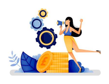 vector illustration of woman standing next to a pile of coins metaphor of financial independence that must be achieved by women. invest money for independence. Designed for website, web, apps, posterのイラスト素材