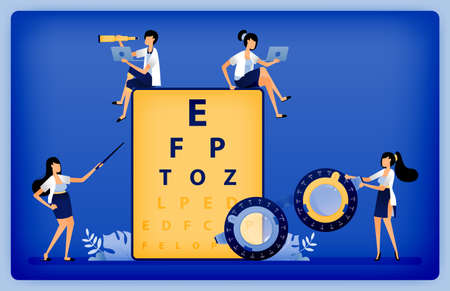 Optical health illustration of Optometrists use Snellen and trial frames to measure patients myopia...