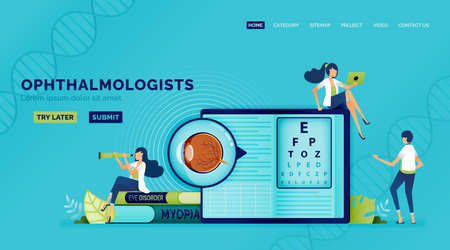 Optical health illustration of ophthalmology students read and understand how to diagnose eye disorders with Snellen. Can be used to landing page, web, website, poster, mobile apps, brochure, adsのイラスト素材