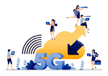 Illustration design of 5g internet that communicates with the cloud for easy upload and download access. Vector can be used to landing page, web, website, poster, mobile apps, ads, flyer, businessのイラスト素材