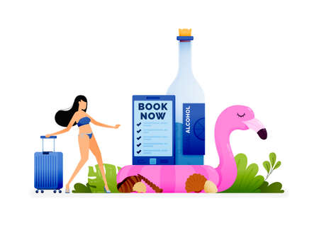 Vector illustration of girl in swimsuit carrying suitcase and booking tickets for summer vacation at beach. Design can be used to landing page, web, website, poster, mobile apps, ads, flyer, businessのイラスト素材
