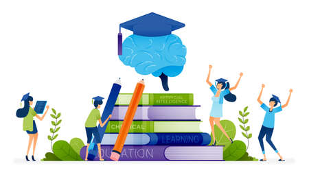 Education illustration of graduating students surround piles of books and brains wearing graduation...