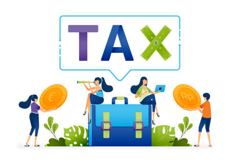 Vector illustration of Workers and laborers required to report and fill in income for annual tax payments and VAT claims. Can be used to web, website, poster, mobile apps, brochure, ads, flyer, cardのイラスト素材