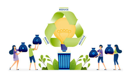Vector illustration of People throw garbage in the trash for initial ideas of greener and sustainable waste management. Can be used to landing page, web, website, poster, mobile apps, ads, flyer, cardのイラスト素材