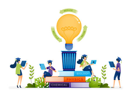 Vector illustration of Environmental program students study impact of processing waste to be reduced, reused and recycled. Can be used to landing page, web, website, poster, mobile apps, ads, flyerのイラスト素材