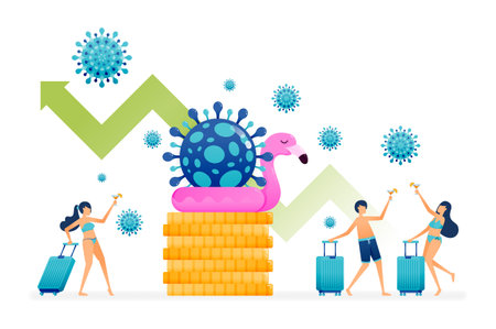 Illustration design of holiday trend increasing in covid-19 virus pandemic. Tourism sector profit and recovery. Can be used for landing page, web, website, banner, appsのイラスト素材