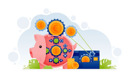 Design of piggy bank with gear rotates a coin on a credit card metaphor of a large peg from a pole. Waste on debt. Illustration can be for landing page website web poster banner mobile apps flyer adsのイラスト素材