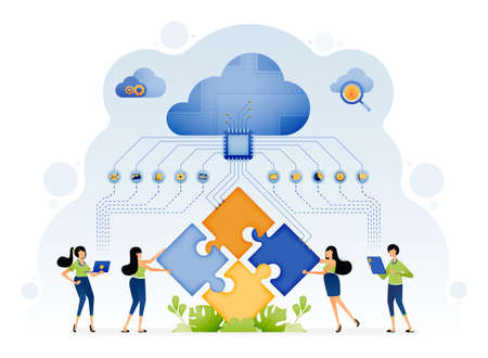 Illustration of people assisted by artificial intelligence solve puzzle problems with machine learning in cloud databases. Design can be for landing page website banner mobile app web social media adsのイラスト素材