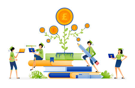 Design of profitable investment education in future. pile of books with plants growing and make money. Illustration for landing page website poster banner mobile apps web social media brochure ads etcのイラスト素材