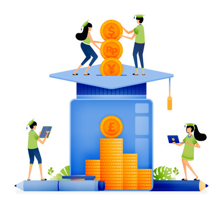 Design of students keep coins in glass jars for graduate of university study plans. expensive tuition fees. Illustration for landing page website poster mobile apps web social media brochure ads etcのイラスト素材