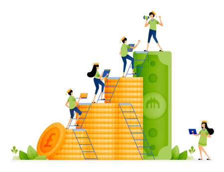 Design of money arranged like growth bar chart. students climb ladder of achievement to get tuition fees scholarships. Illustration for landing page website poster banner mobile apps web brochure adsのイラスト素材