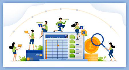 illustration of making budgeting and financial investment strategies with accounting software for sales planning. design can be used for landing page, startup apps, web page, adsのイラスト素材