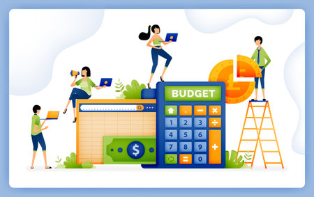 illustration of making budgeting and financial spending planning with accounting calculator software. design can be used for landing page, startup apps, web page, adsのイラスト素材