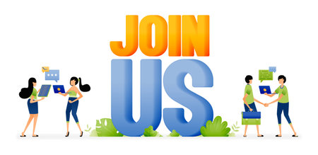 Illustration of human resources campaign with join us writing. Open job vacancies for jobseekers. Designed for website, landing page, flyer, banner, apps, brochure, startup media companyのイラスト素材