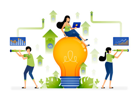 Illustrated ideas for seeking profit opportunities and financial improvement with money investment options. Designed for website, landing page, flyer, banner, apps, brochure, startup media companyのイラスト素材
