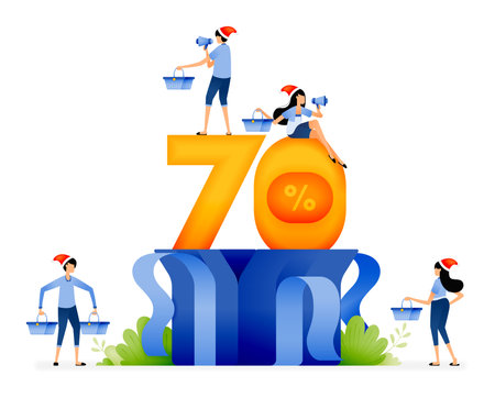 Illustration of people buying a 70 percent discount christmas gift package coming out of a gift box. Design for website, landing page, flyer, banner, apps, brochure, startup media companyのイラスト素材