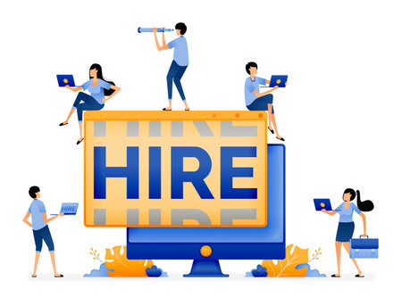 Illustration of software that appears from monitor and says hire. Open technology vacancies for job seekers. Designed for website, landing page, flyer, banner, apps, brochure, startup media companyのイラスト素材