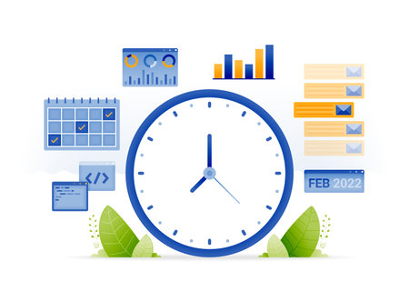 design illustration for time management in managing projects and multi tasking jobs. secluded agenda. organized work. job report statistics. can be used for web, website, posters, apps, brochuresのイラスト素材