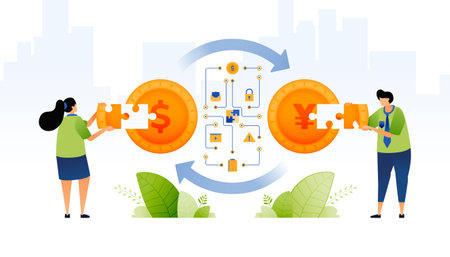 illustration of foreign transaction system and financial trading. people problem solving banking system for global financial trade activities. can be used for web, website, posters, apps, brochuresのイラスト素材