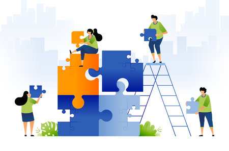 illustration design of teamwork, brainstorming and problem solving. people collaborate to solve puzzles in large puzzles. game in game. can be used for web, website, posters, apps, brochuresのイラスト素材