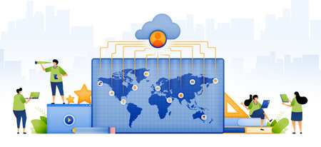 illustration of educational funding by foreign scholarships. world map that connected by cloud network to find merit scholarship recipients. can be used for web, website, posters, apps, brochuresのイラスト素材