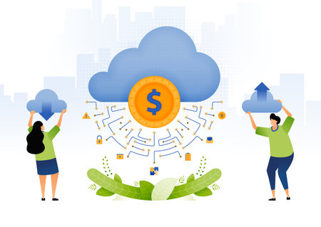 illustration of banking system with cloud. people develop cloud upload and download for transaction, financial, lending, investment activities. can be used for web, website, posters, apps, brochuresのイラスト素材