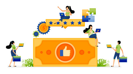Vector illustration of five star rating and thumbs up from user feedback. cashback on financial transactions. Can be used for landing pages, web, websites, mobile apps, posters, ads, flyers, bannersのイラスト素材