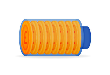 Money in Battery Icon. Energy for economy. Filled Finance Icon. Macroeconomy banking. Can be used for banking, financial, purchase, bill, taxation, payment, sell, buy, trade, transaction, debt, loanのイラスト素材