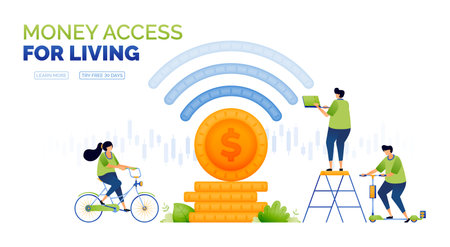 illustration of coins having a wifi signal, for the financial and banking sectors accessible to everyone. pile of coins for investment return and interest. can use for ad, poster, campaign, appsのイラスト素材